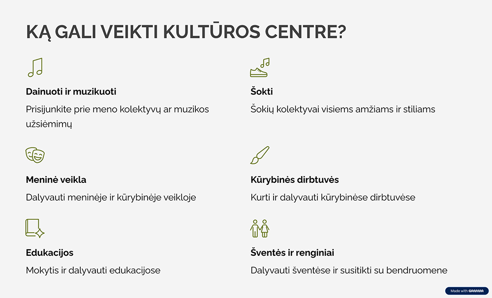 KĄ GALI VEIKTI KULTŪROS CENTRE